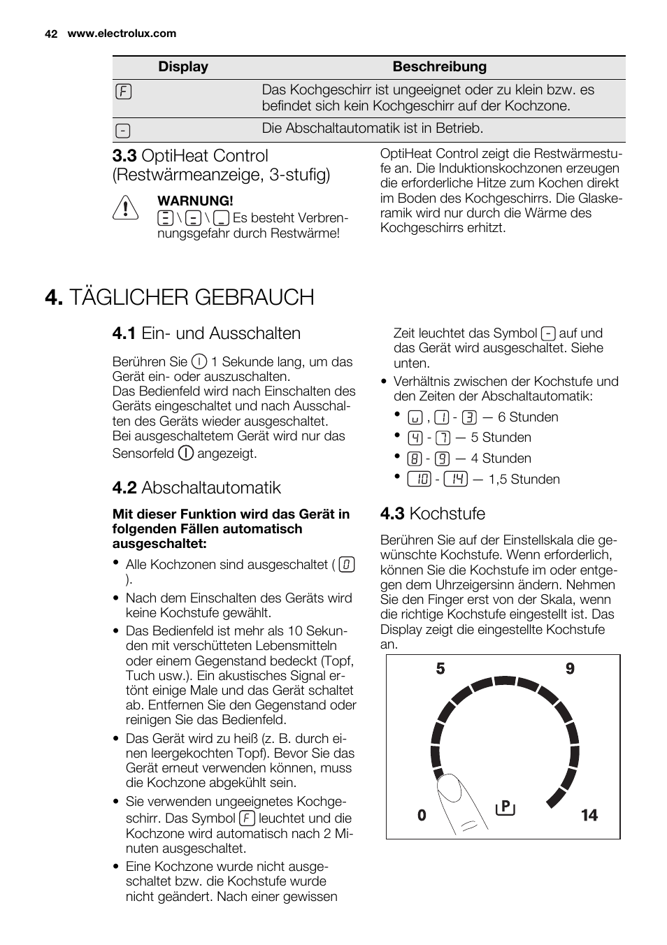 Täglicher gebrauch, 3 optiheat control (restwärmeanzeige, 3-stufig), 1 ein- und ausschalten | 2 abschaltautomatik, 3 kochstufe | Electrolux EHI8742FOK User Manual | Page 42 / 56