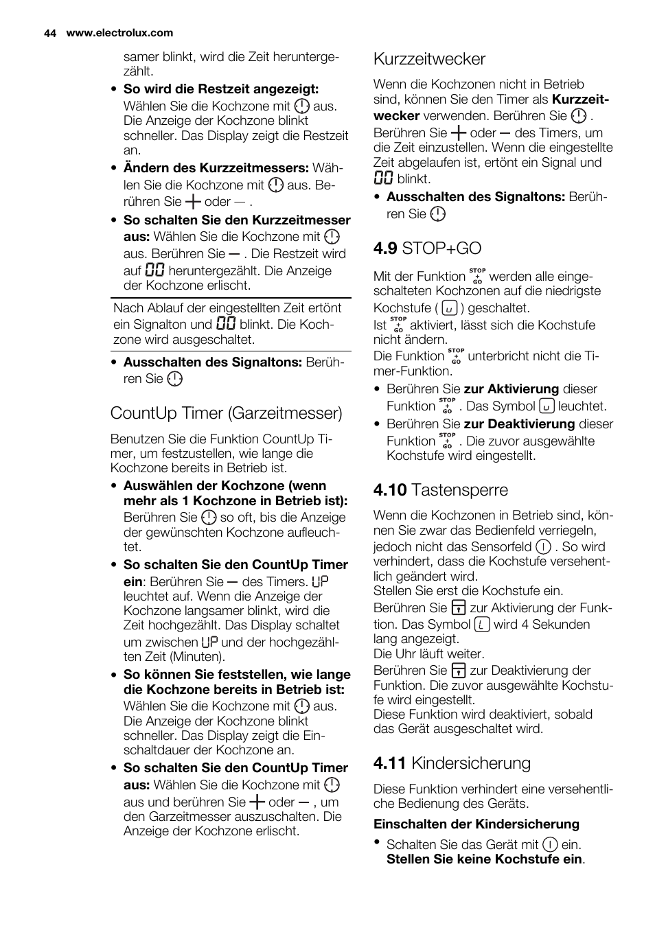 Countup timer (garzeitmesser), Kurzzeitwecker, 9 stop+go | 10 tastensperre, 11 kindersicherung | Electrolux EHI8742FOK User Manual | Page 44 / 56