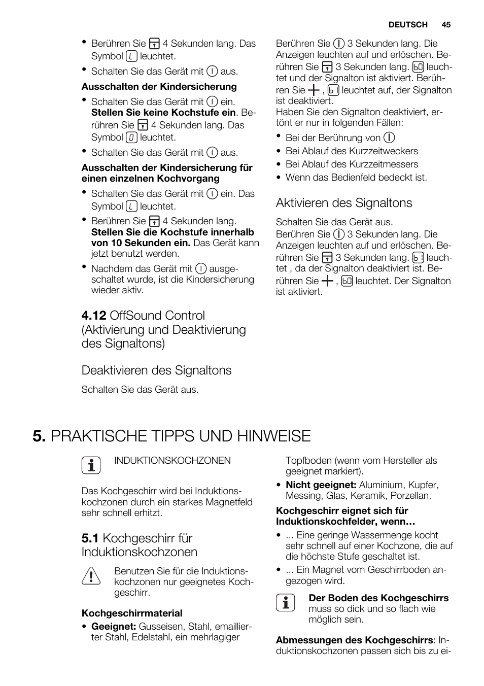 Praktische tipps und hinweise, Aktivieren des signaltons, 1 kochgeschirr für induktionskochzonen | Electrolux EHI8742FOK User Manual | Page 45 / 56