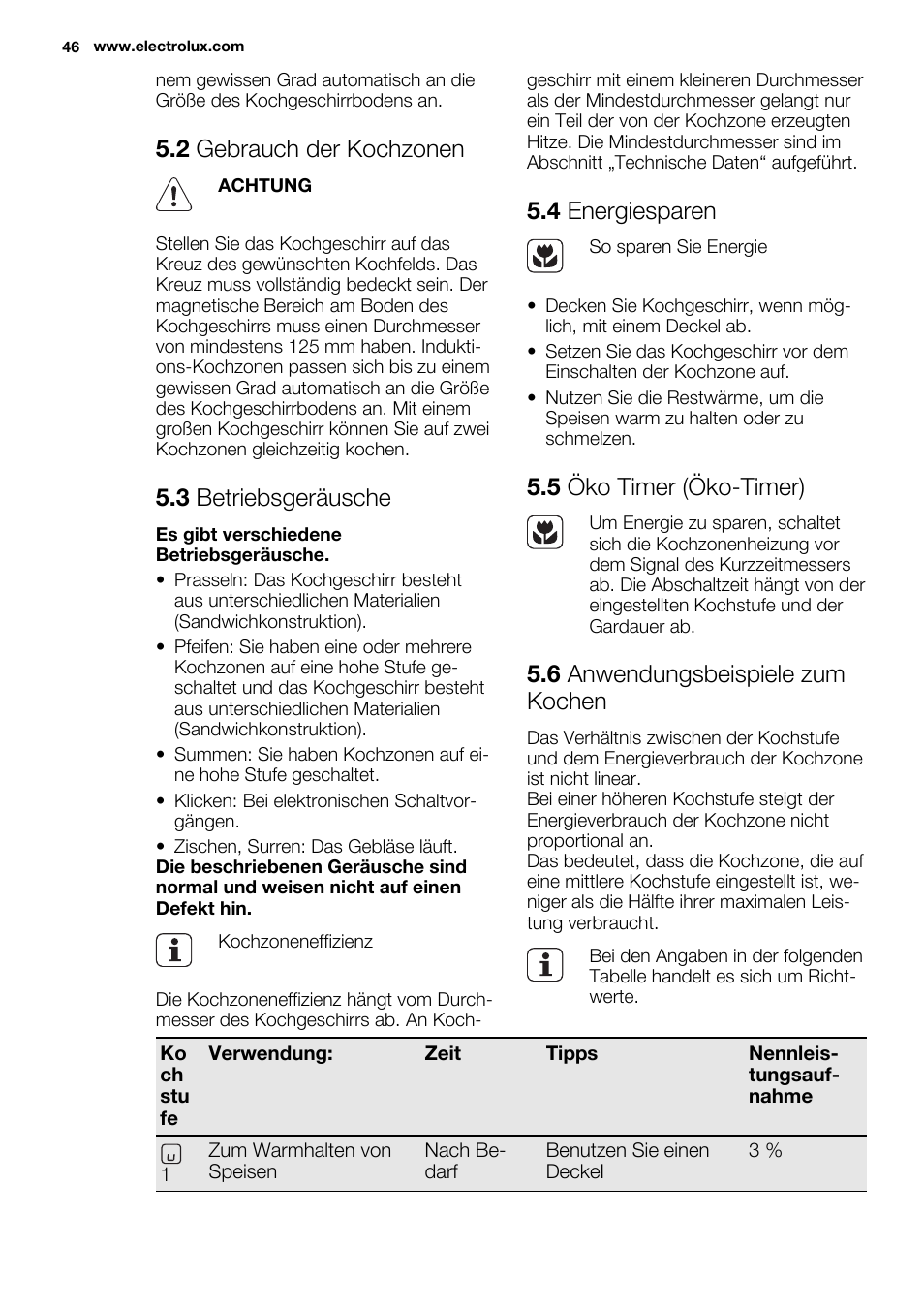 2 gebrauch der kochzonen, 3 betriebsgeräusche, 4 energiesparen | 5 öko timer (öko-timer), 6 anwendungsbeispiele zum kochen | Electrolux EHI8742FOK User Manual | Page 46 / 56