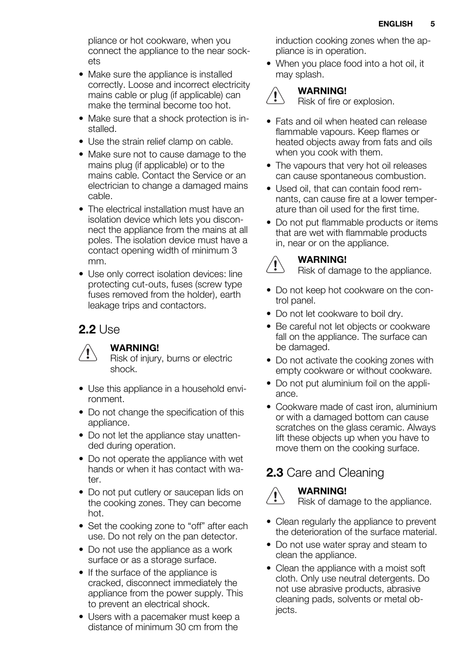 2 use, 3 care and cleaning | Electrolux EHI8742FOK User Manual | Page 5 / 56