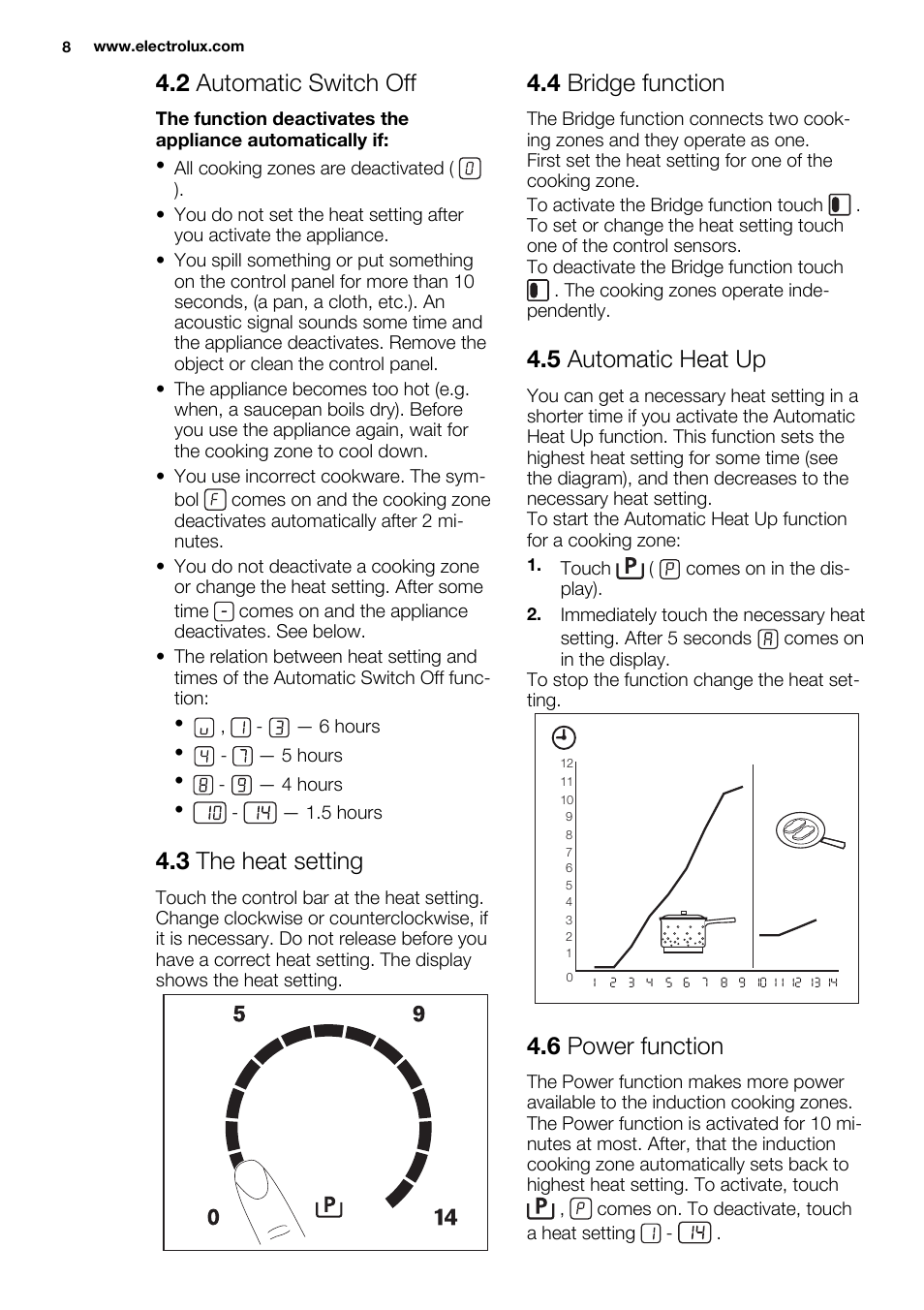 2 automatic switch off, 3 the heat setting, 4 bridge function | 5 automatic heat up, 6 power function | Electrolux EHI8742FOK User Manual | Page 8 / 56
