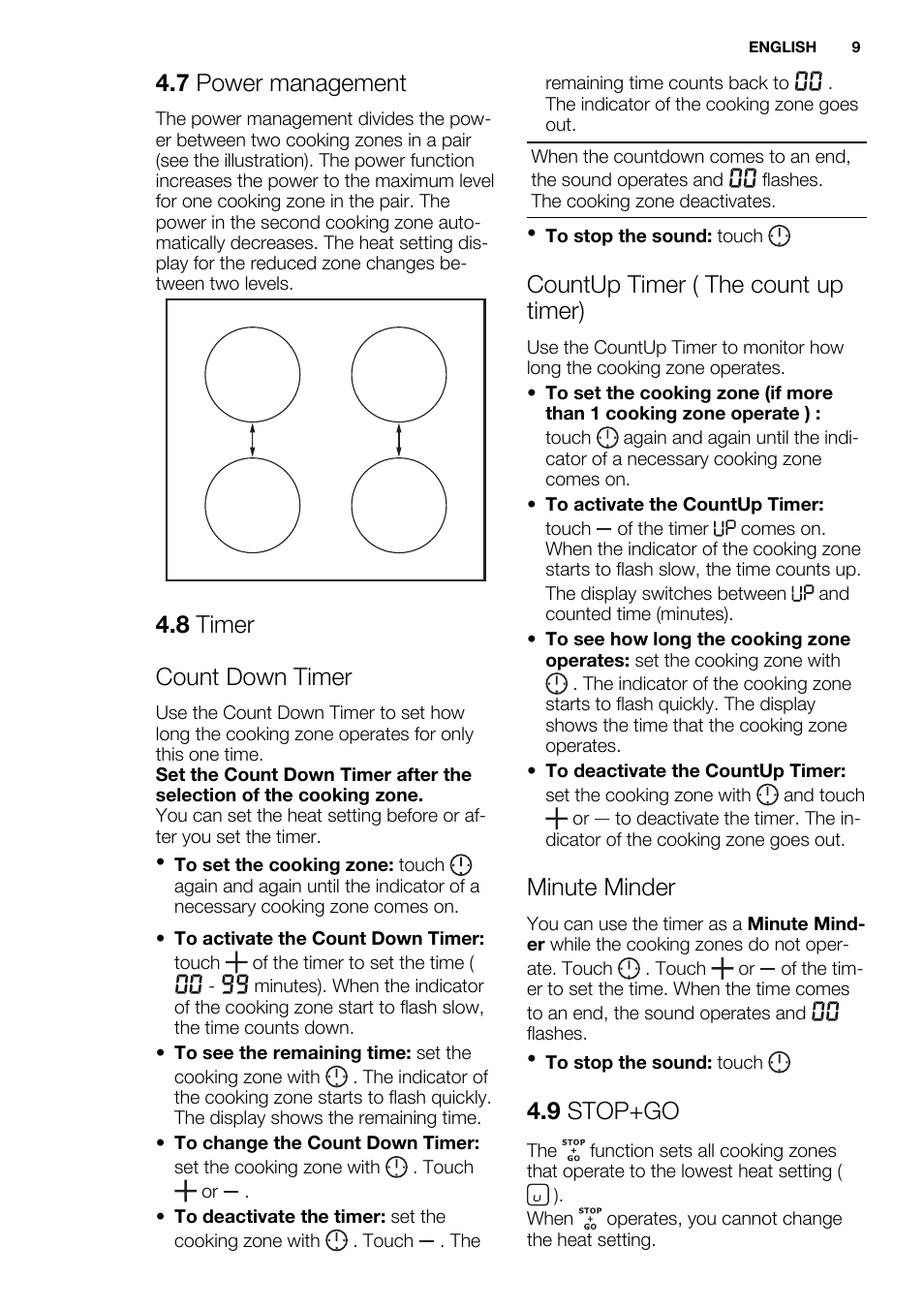 7 power management, 8 timer count down timer, Countup timer ( the count up timer) | Minute minder, 9 stop+go | Electrolux EHI8742FOK User Manual | Page 9 / 56