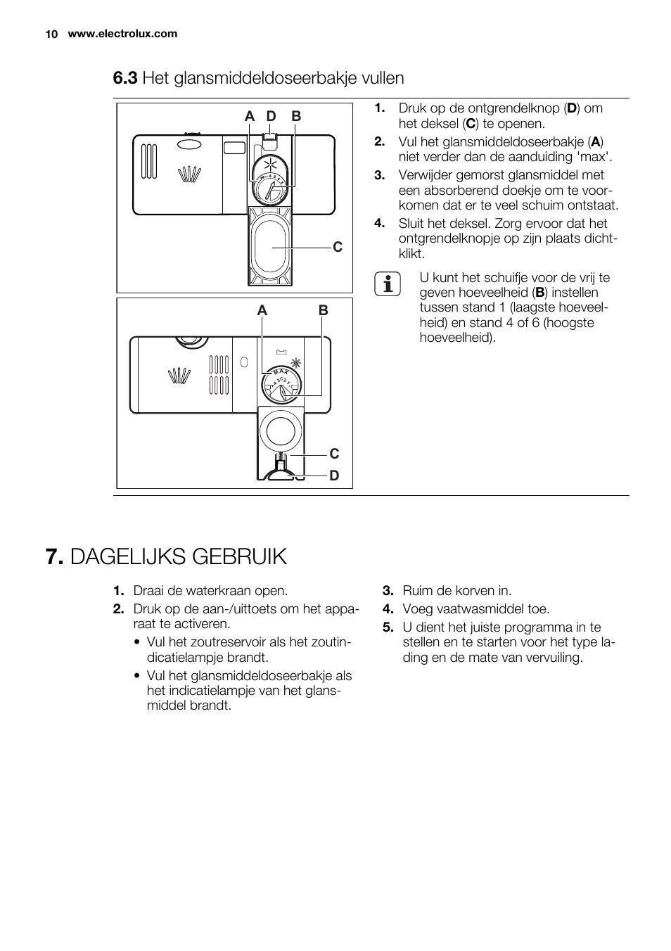 Dagelijks gebruik, 3 het glansmiddeldoseerbakje vullen | Electrolux ESL6355LO User Manual | Page 10 / 68