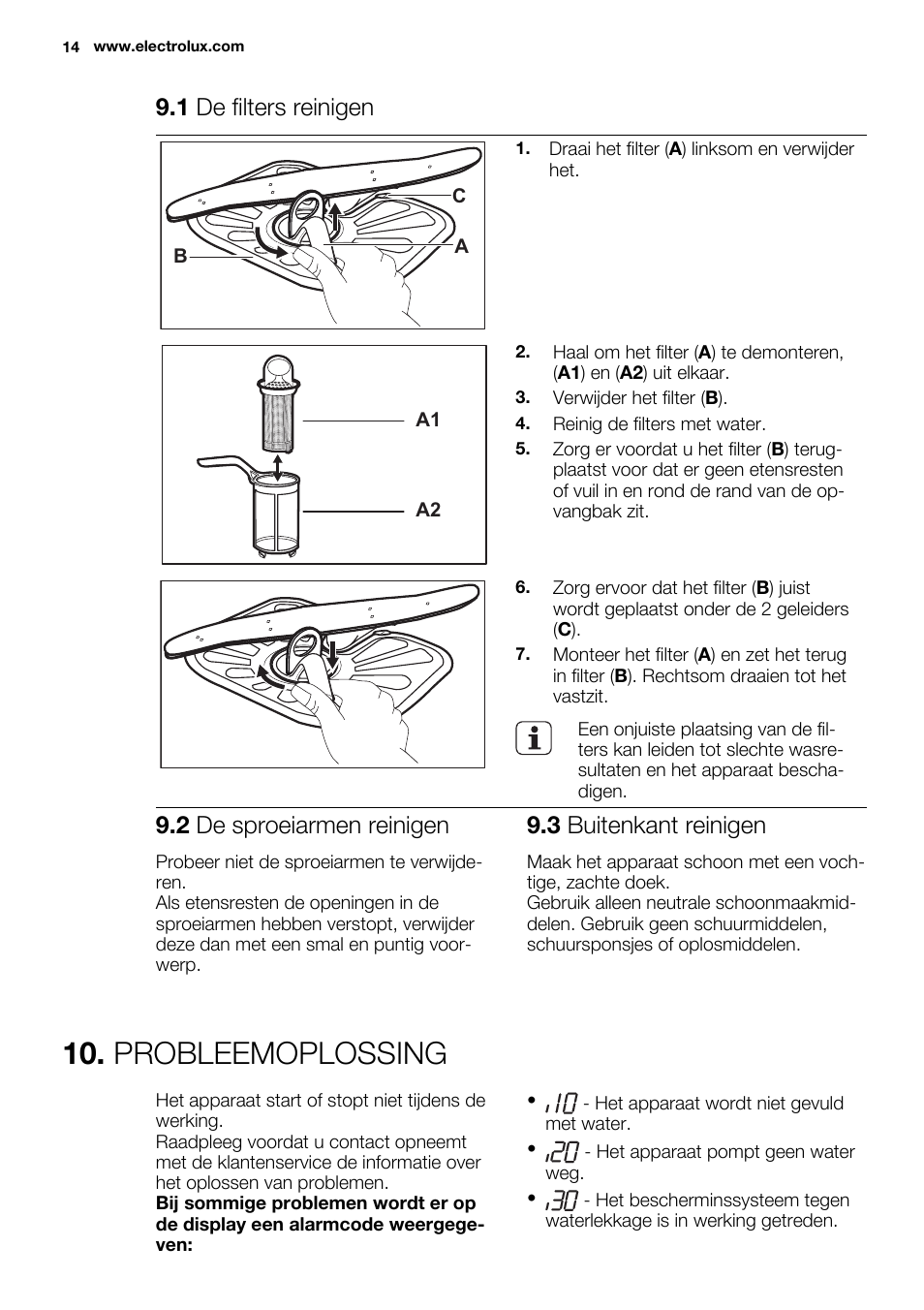 Probleemoplossing, 1 de filters reinigen, 2 de sproeiarmen reinigen | 3 buitenkant reinigen | Electrolux ESL6355LO User Manual | Page 14 / 68