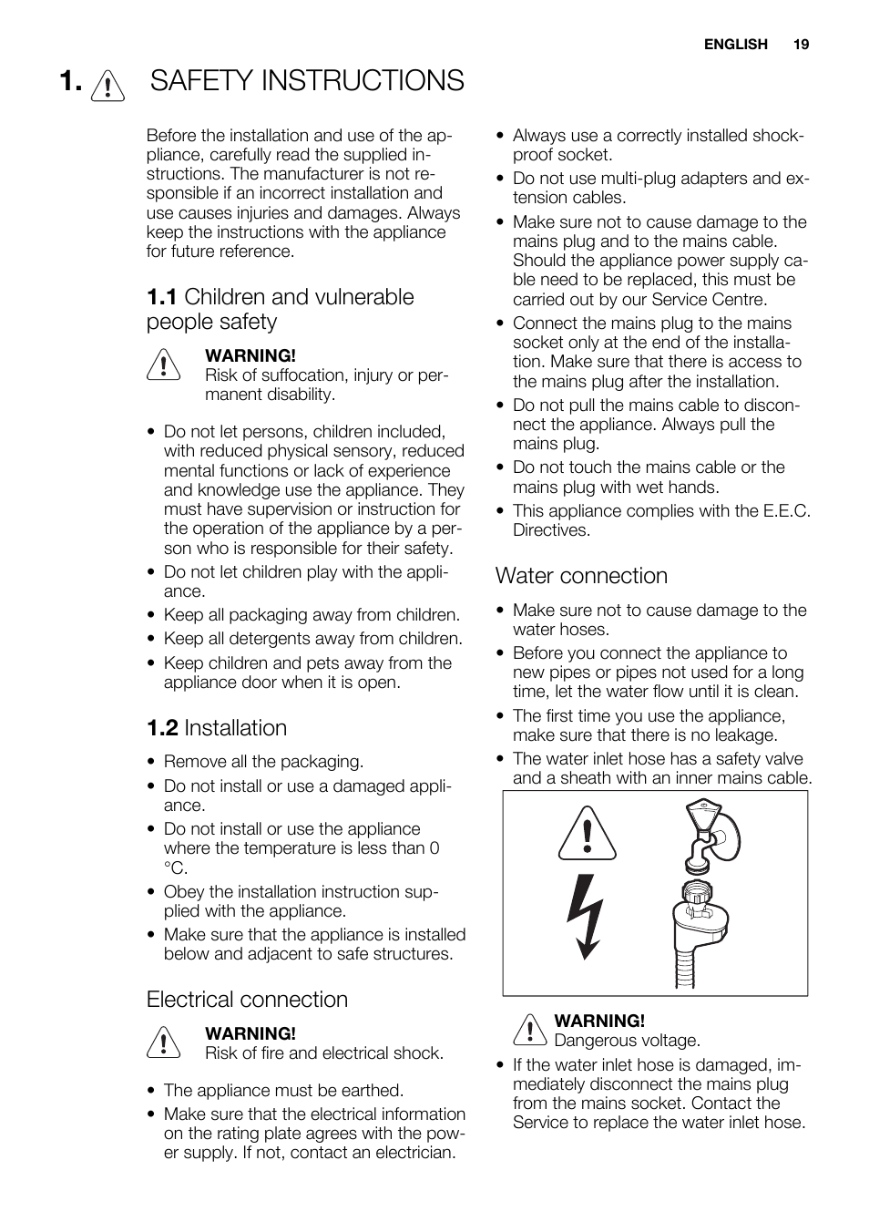 Safety instructions, 1 children and vulnerable people safety, 2 installation | Electrical connection, Water connection | Electrolux ESL6355LO User Manual | Page 19 / 68