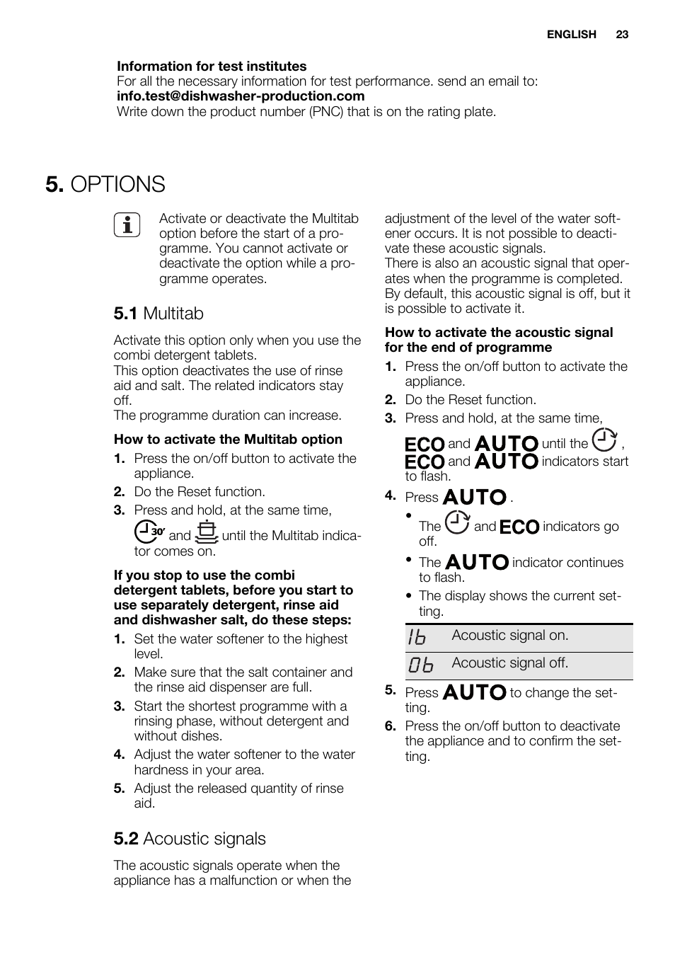 Options, 1 multitab, 2 acoustic signals | Electrolux ESL6355LO User Manual | Page 23 / 68