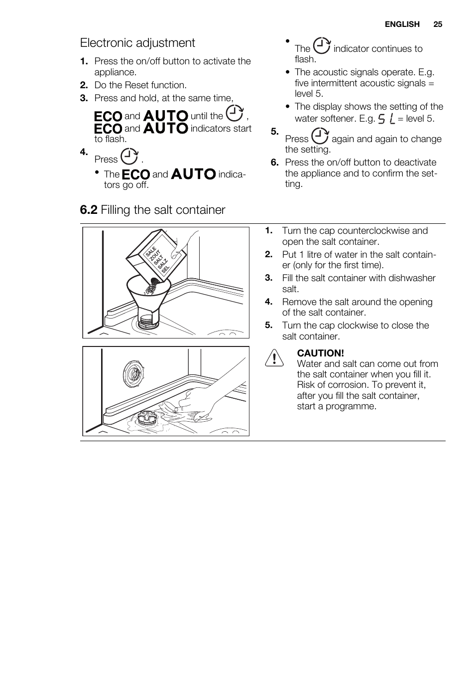 Electronic adjustment, 2 filling the salt container | Electrolux ESL6355LO User Manual | Page 25 / 68