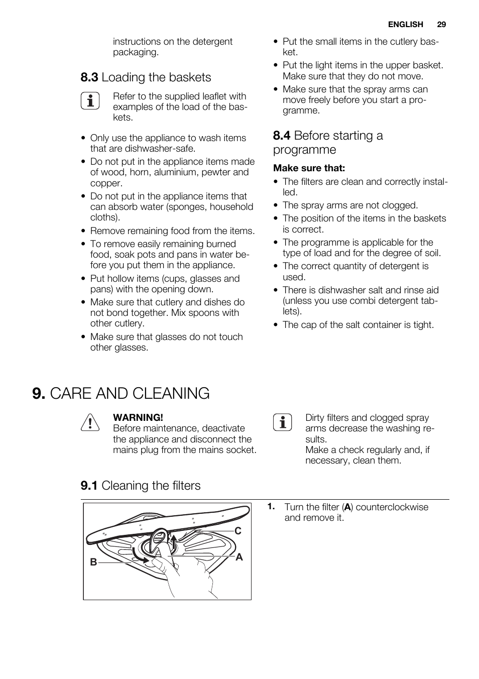 Care and cleaning, 3 loading the baskets, 4 before starting a programme | 1 cleaning the filters | Electrolux ESL6355LO User Manual | Page 29 / 68