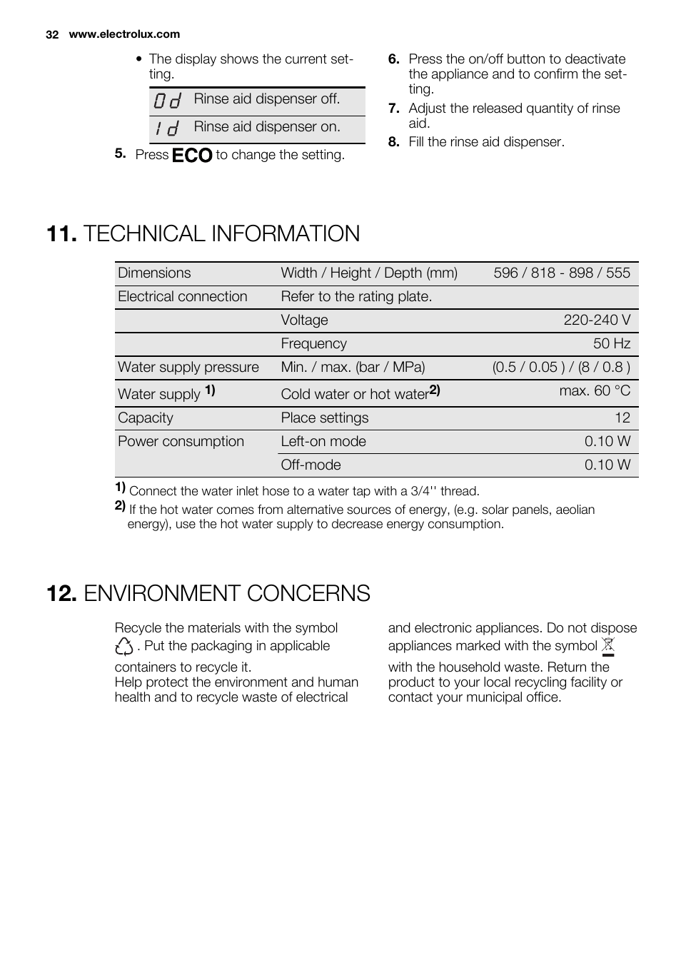 Technical information, Environment concerns | Electrolux ESL6355LO User Manual | Page 32 / 68
