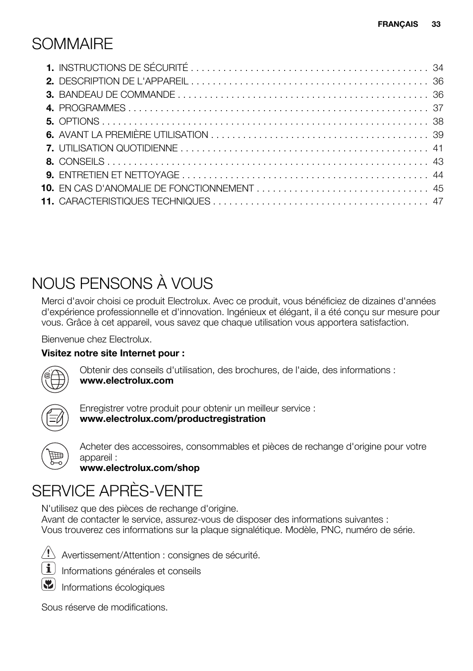 Sommaire, Nous pensons à vous, Service après-vente | Electrolux ESL6355LO User Manual | Page 33 / 68