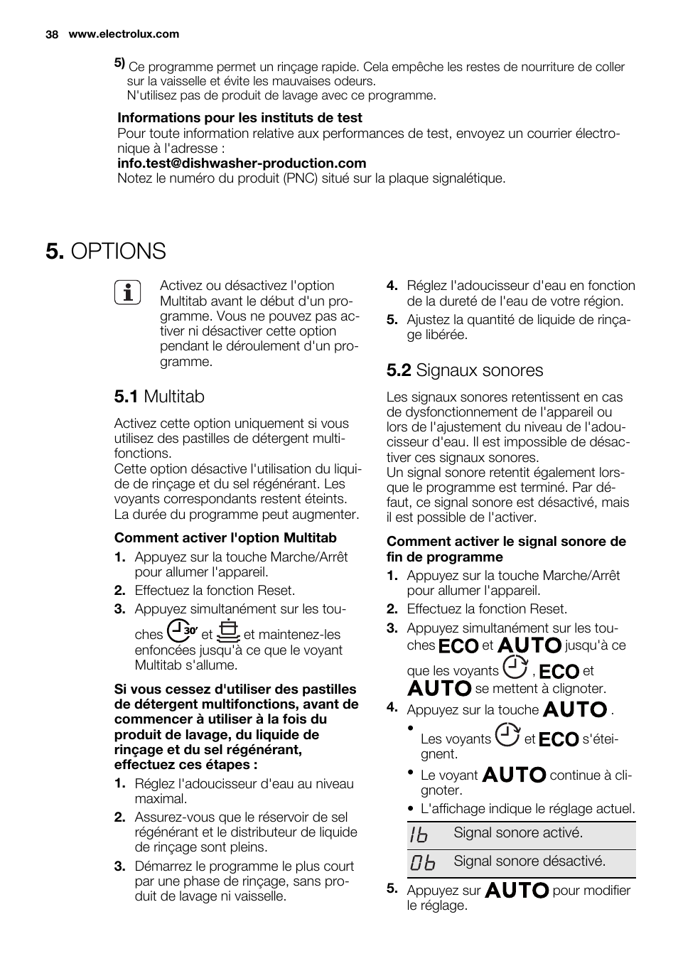 Options, 1 multitab, 2 signaux sonores | Electrolux ESL6355LO User Manual | Page 38 / 68