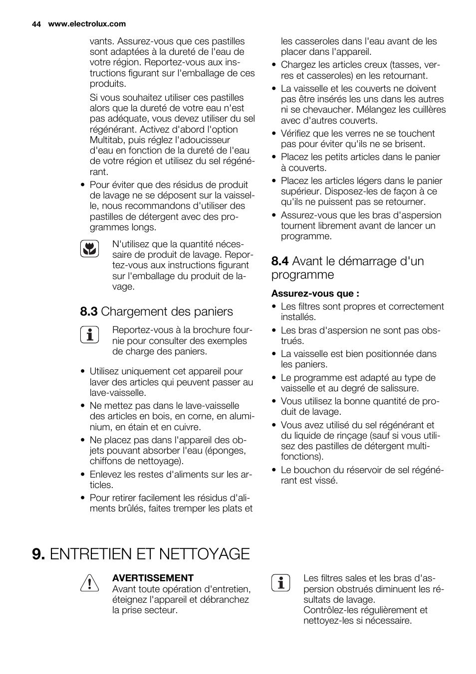 Entretien et nettoyage, 3 chargement des paniers, 4 avant le démarrage d'un programme | Electrolux ESL6355LO User Manual | Page 44 / 68