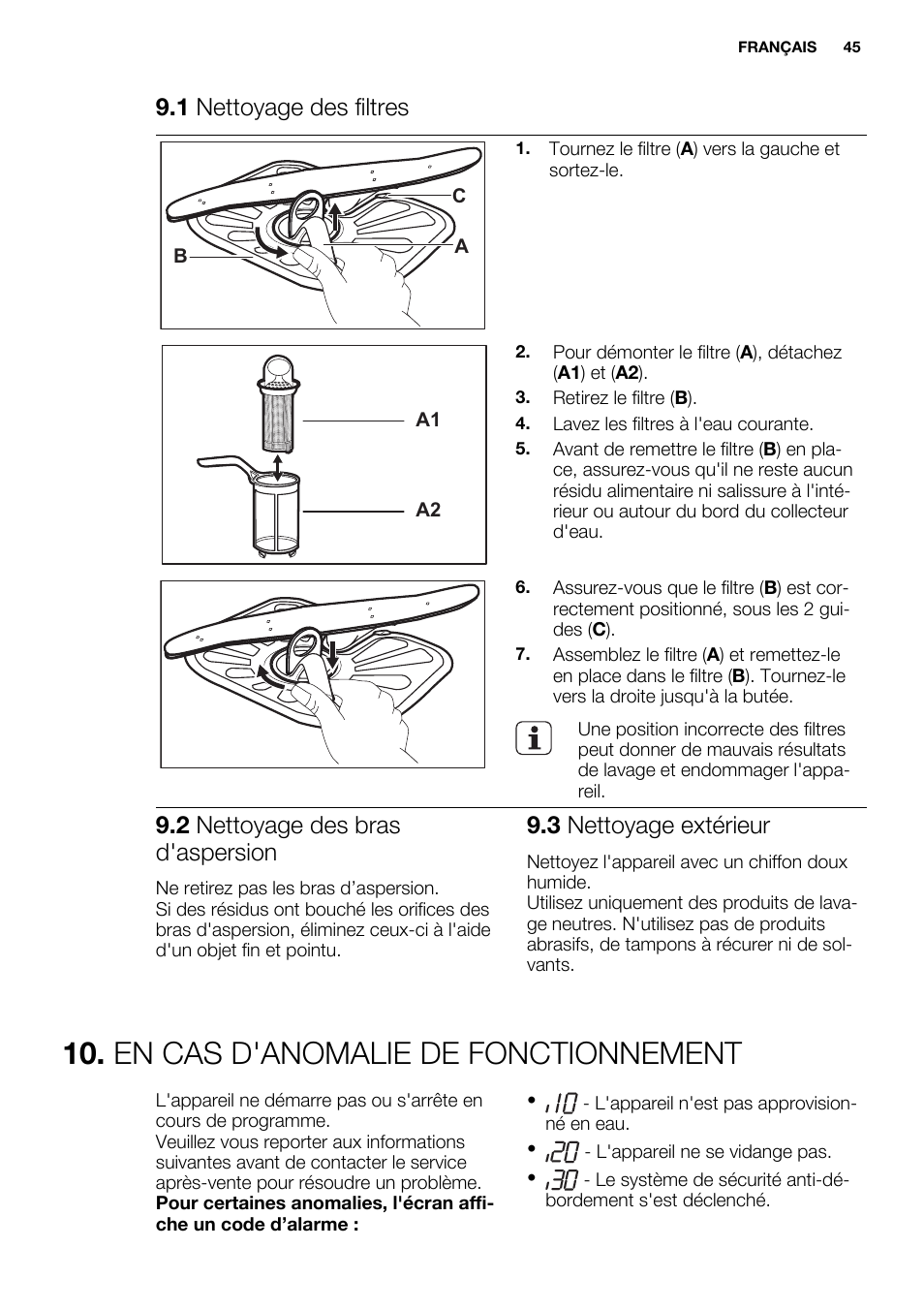 En cas d'anomalie de fonctionnement, 1 nettoyage des filtres, 2 nettoyage des bras d'aspersion | 3 nettoyage extérieur | Electrolux ESL6355LO User Manual | Page 45 / 68