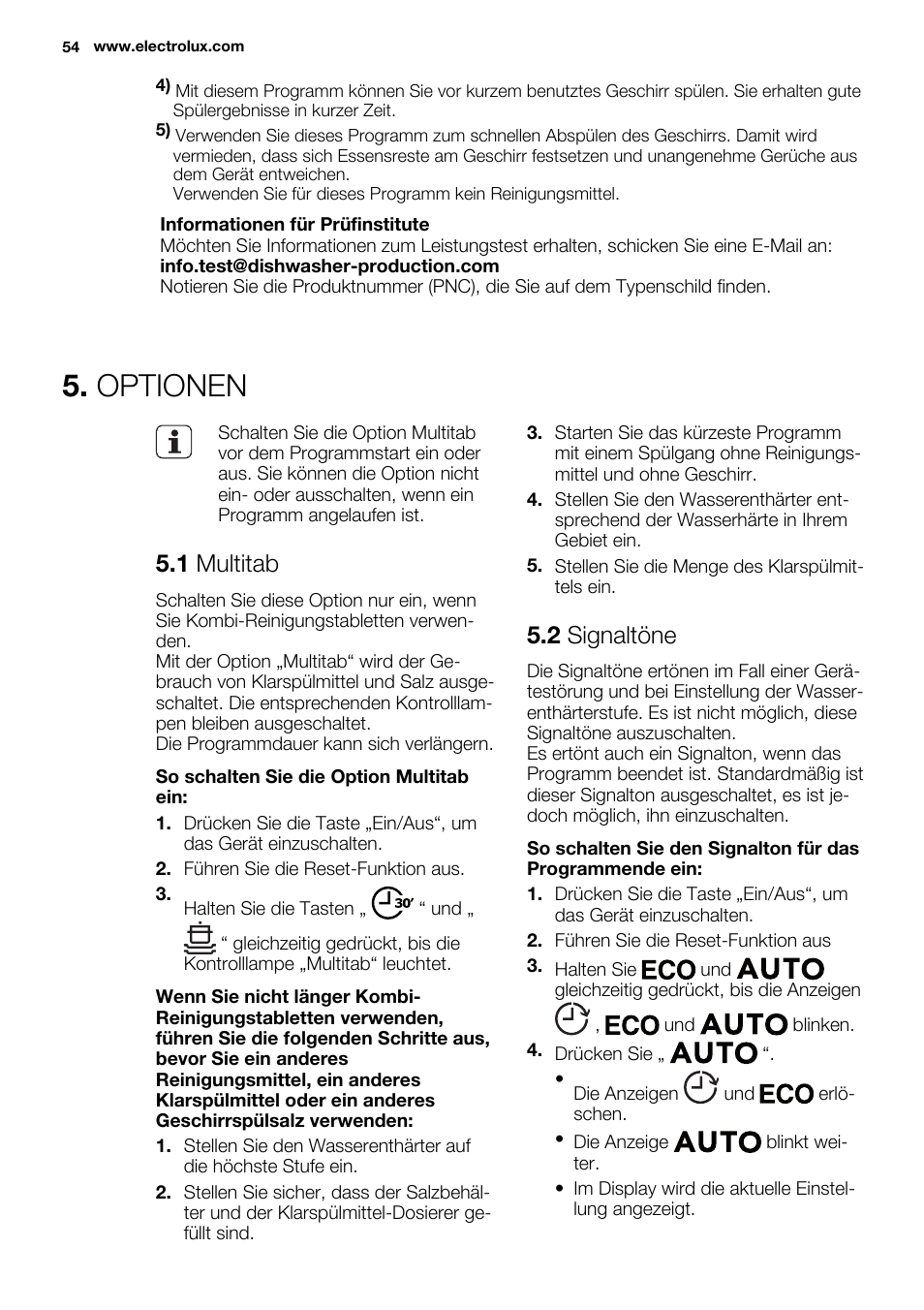 Optionen, 1 multitab, 2 signaltöne | Electrolux ESL6355LO User Manual | Page 54 / 68