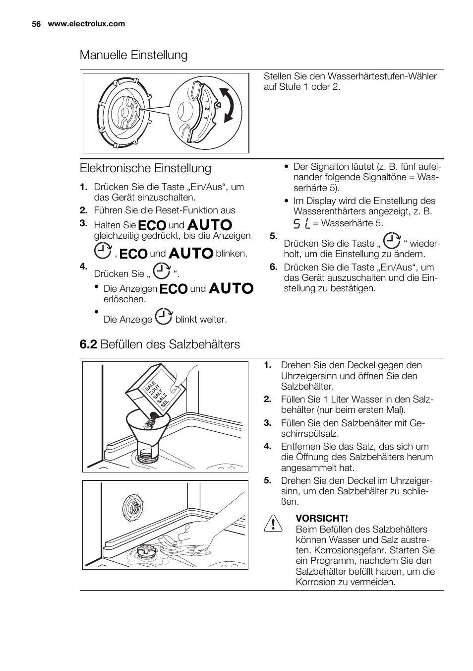 Manuelle einstellung, Elektronische einstellung, 2 befüllen des salzbehälters | Electrolux ESL6355LO User Manual | Page 56 / 68