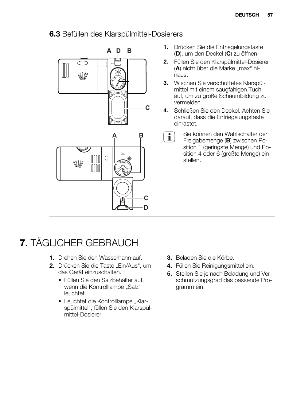 Täglicher gebrauch, 3 befüllen des klarspülmittel-dosierers | Electrolux ESL6355LO User Manual | Page 57 / 68