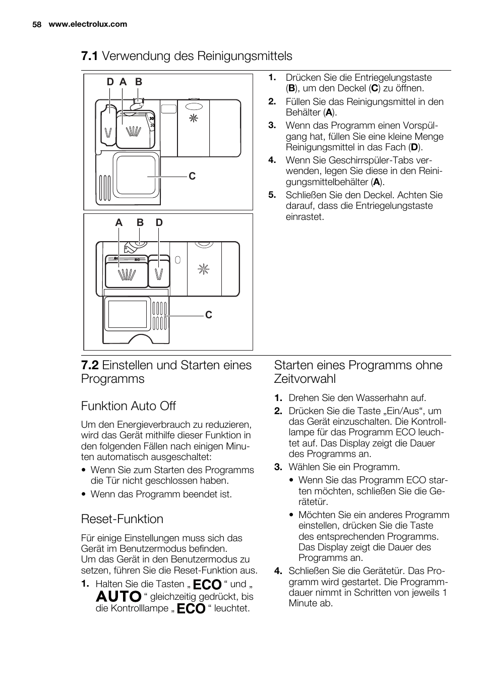 1 verwendung des reinigungsmittels, Reset-funktion, Starten eines programms ohne zeitvorwahl | A b d, Ad c | Electrolux ESL6355LO User Manual | Page 58 / 68