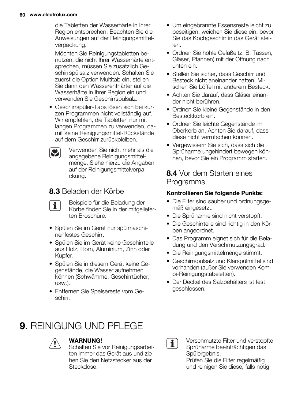 Reinigung und pflege, 3 beladen der körbe, 4 vor dem starten eines programms | Electrolux ESL6355LO User Manual | Page 60 / 68