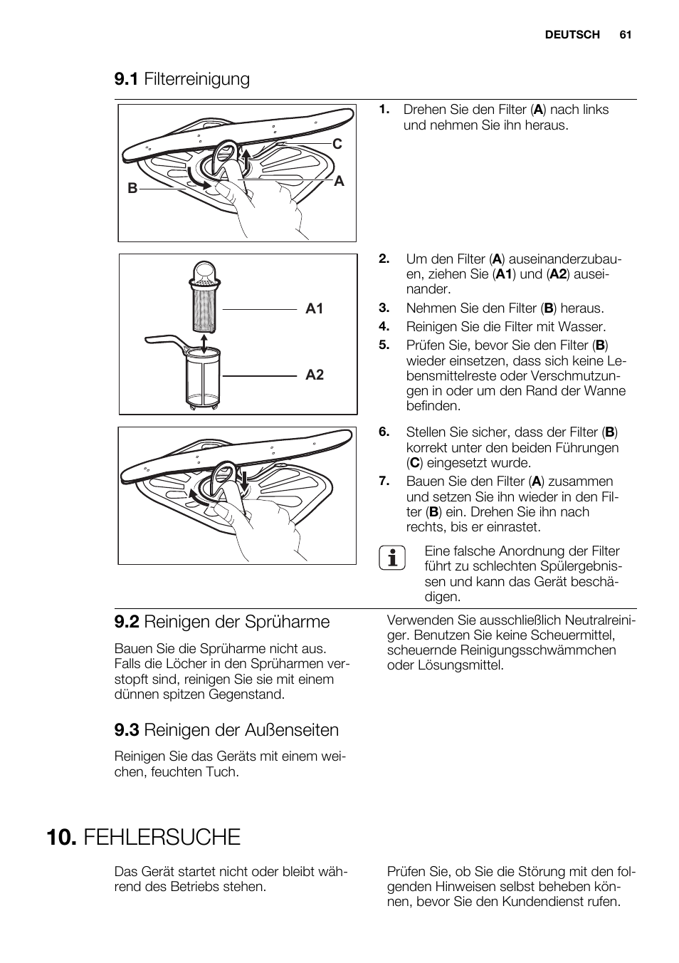 Fehlersuche, 1 filterreinigung, 2 reinigen der sprüharme | 3 reinigen der außenseiten | Electrolux ESL6355LO User Manual | Page 61 / 68