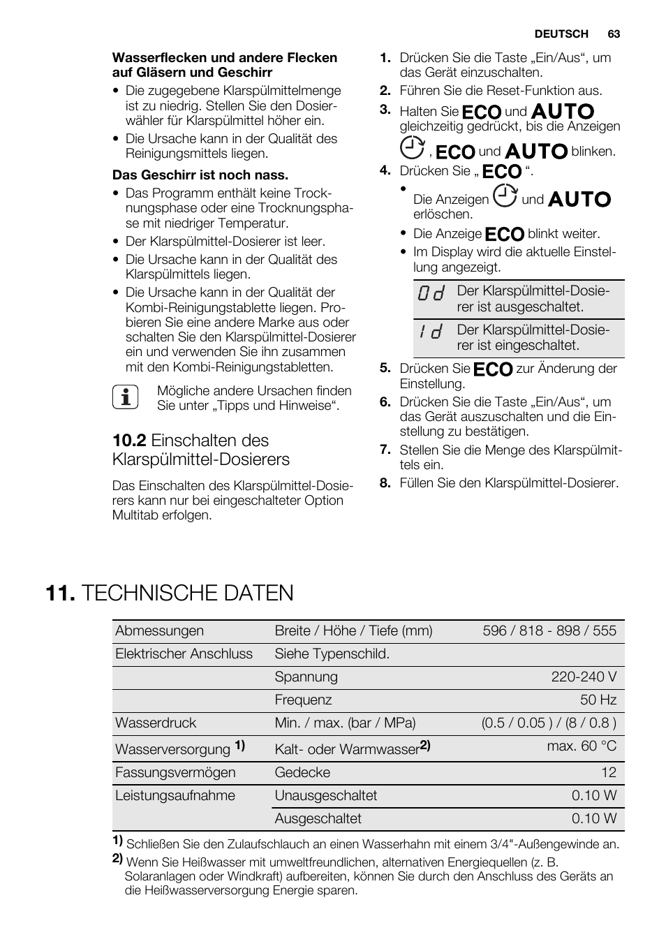 Technische daten, 2 einschalten des klarspülmittel-dosierers | Electrolux ESL6355LO User Manual | Page 63 / 68