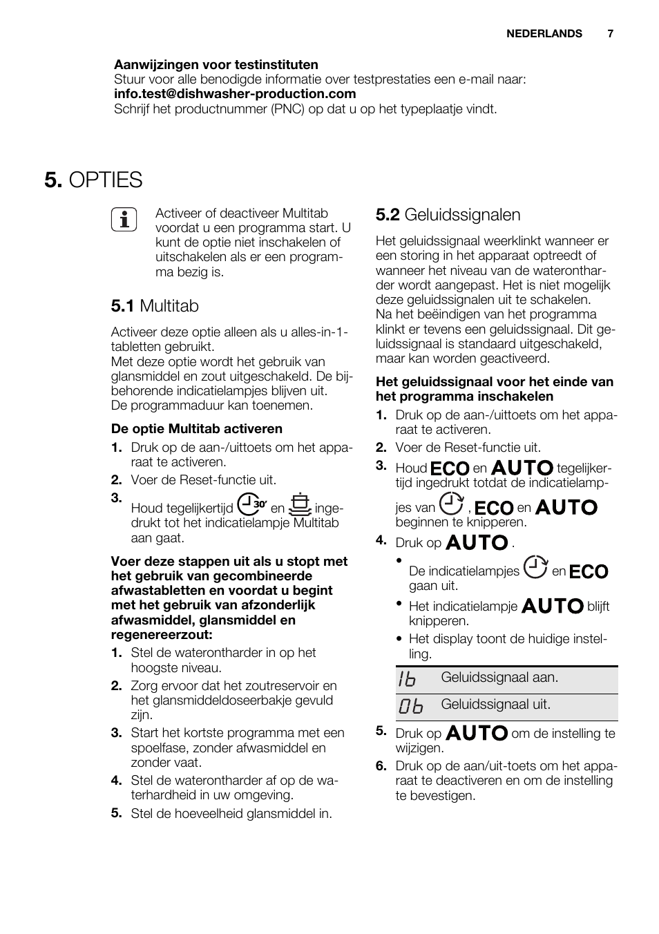 Opties, 1 multitab, 2 geluidssignalen | Electrolux ESL6355LO User Manual | Page 7 / 68