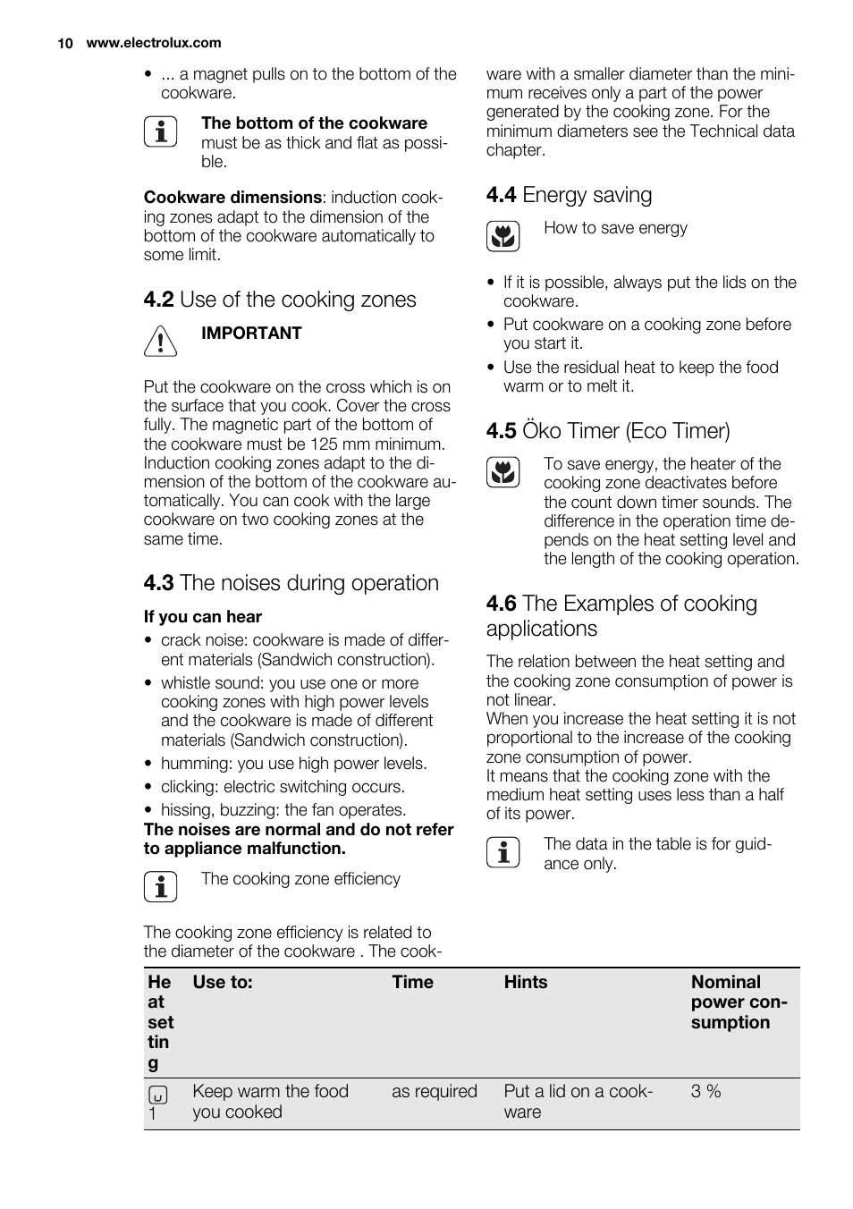 2 use of the cooking zones, 3 the noises during operation, 4 energy saving | 5 öko timer (eco timer), 6 the examples of cooking applications | Electrolux EHI8742FOK User Manual | Page 10 / 68