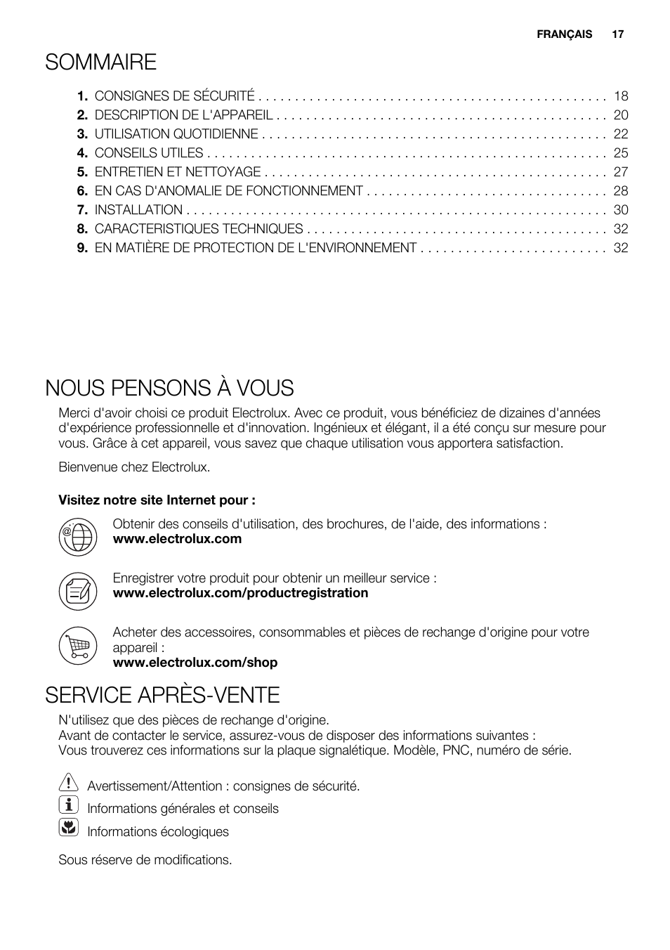 Sommaire, Nous pensons à vous, Service après-vente | Electrolux EHI8742FOK User Manual | Page 17 / 68