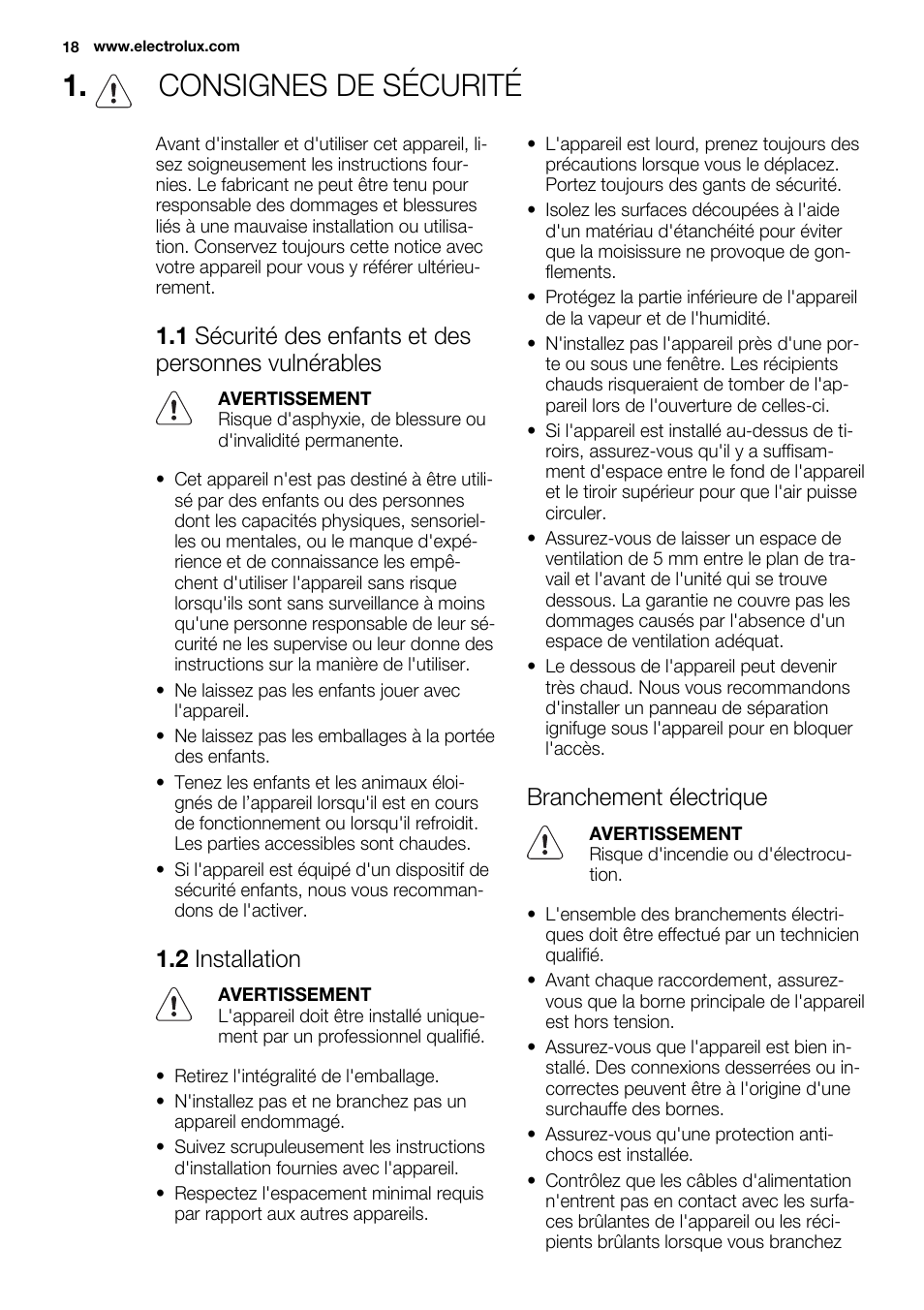 Consignes de sécurité, 2 installation, Branchement électrique | Electrolux EHI8742FOK User Manual | Page 18 / 68