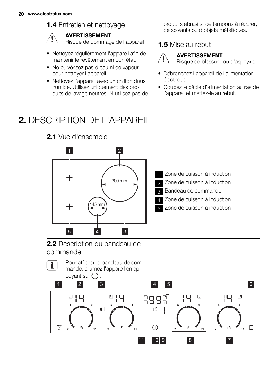 Description de l'appareil, 4 entretien et nettoyage, 5 mise au rebut | 1 vue d'ensemble, 2 description du bandeau de commande | Electrolux EHI8742FOK User Manual | Page 20 / 68