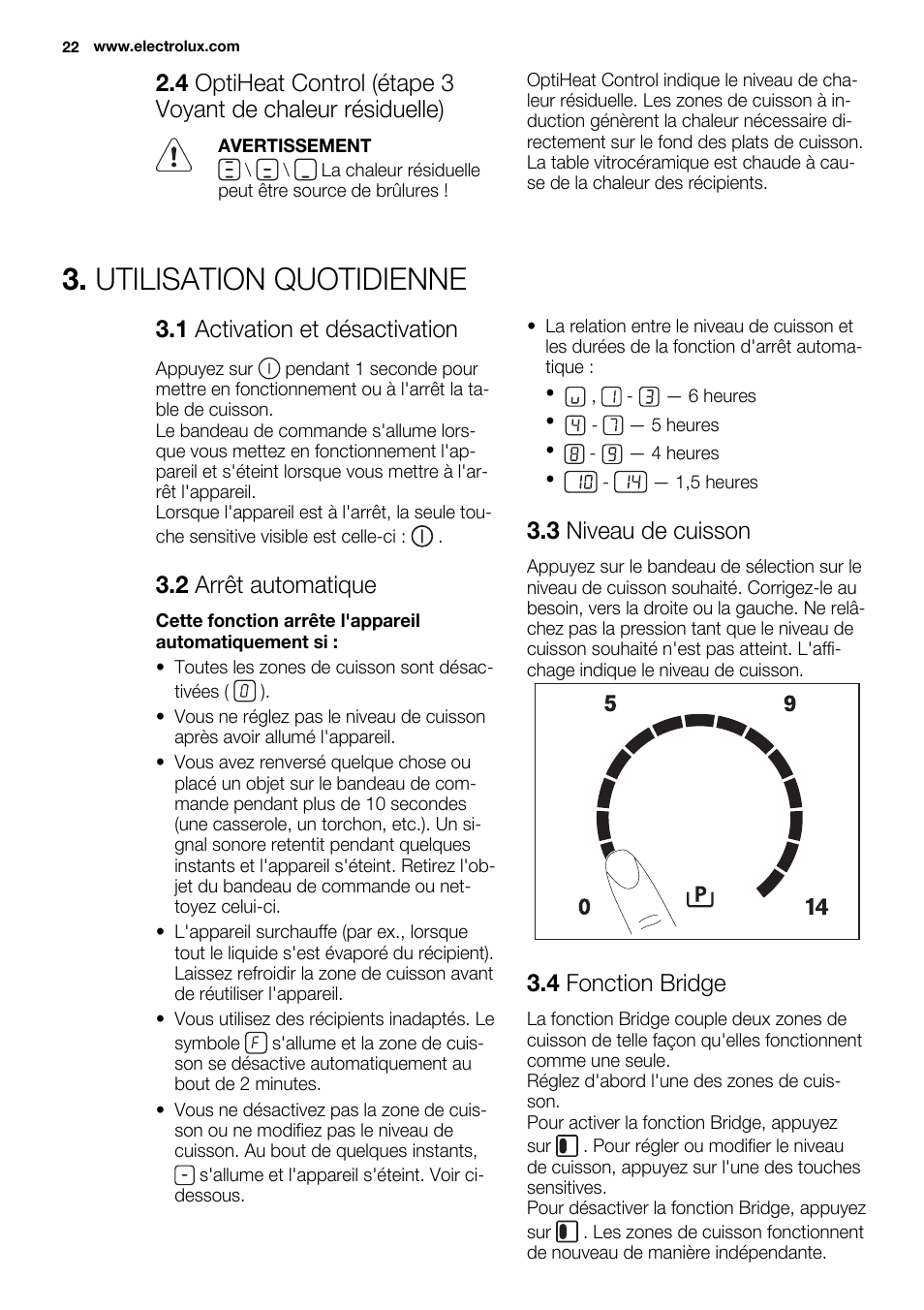 Utilisation quotidienne, 1 activation et désactivation, 2 arrêt automatique | 3 niveau de cuisson, 4 fonction bridge | Electrolux EHI8742FOK User Manual | Page 22 / 68