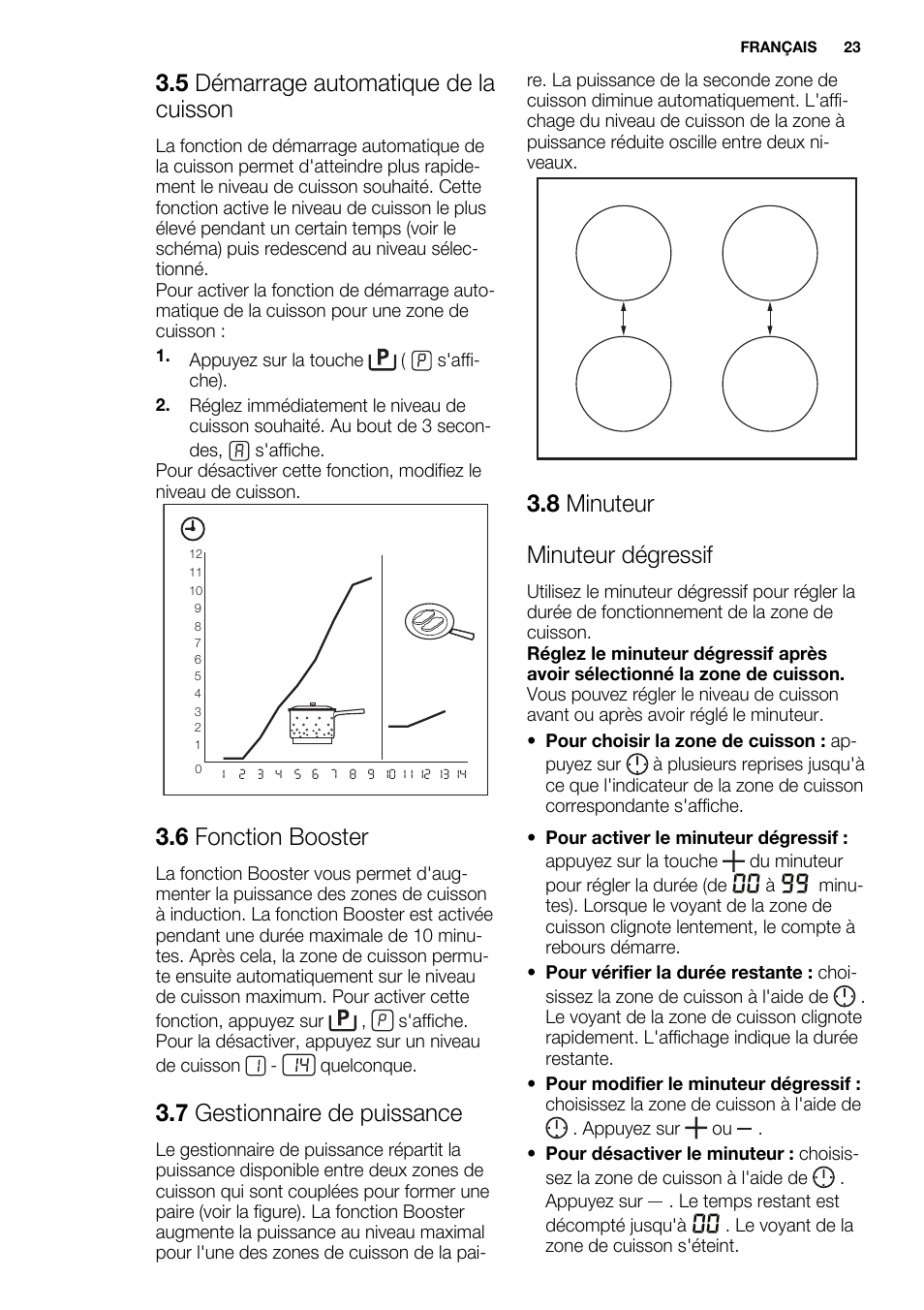 5 démarrage automatique de la cuisson, 6 fonction booster, 7 gestionnaire de puissance | 8 minuteur minuteur dégressif | Electrolux EHI8742FOK User Manual | Page 23 / 68