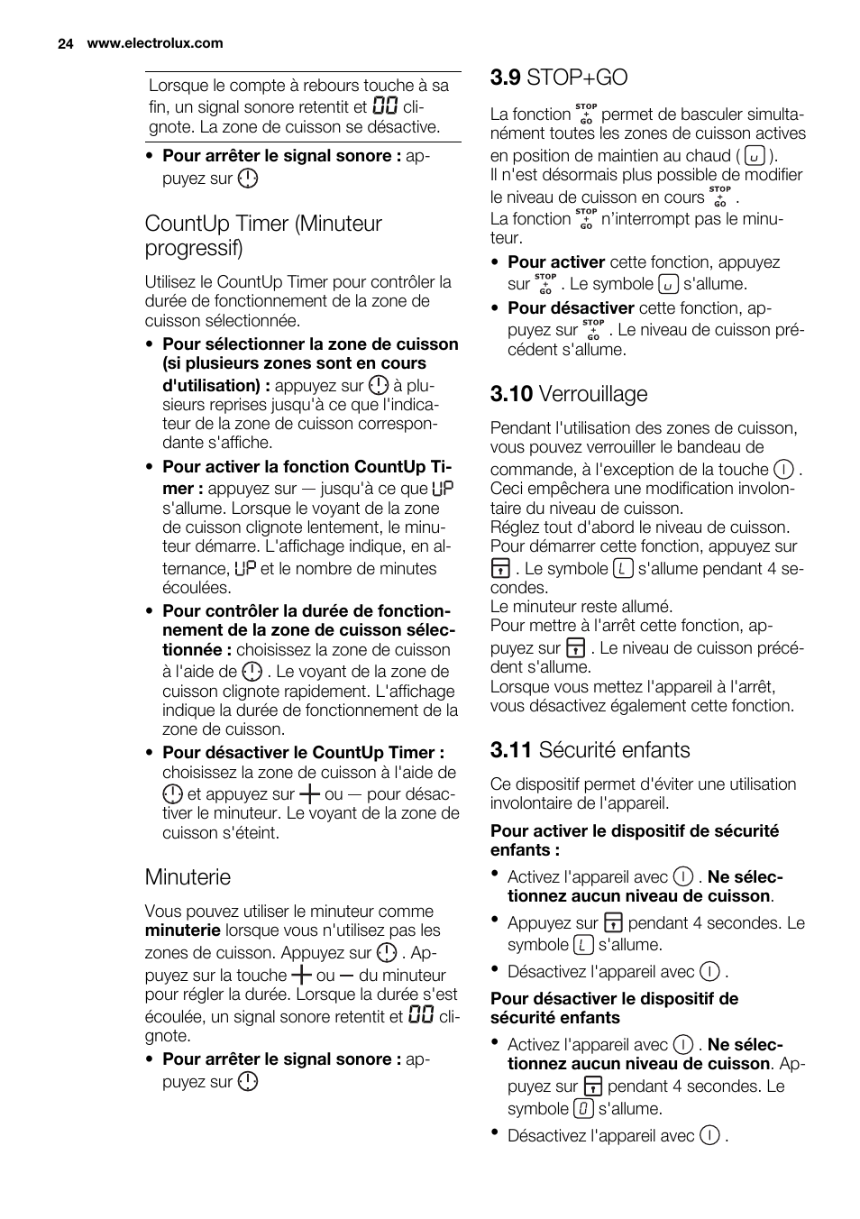 Countup timer (minuteur progressif), Minuterie, 9 stop+go | 10 verrouillage, 11 sécurité enfants | Electrolux EHI8742FOK User Manual | Page 24 / 68