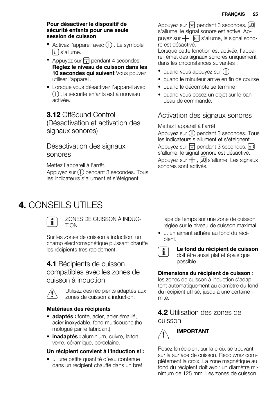 Conseils utiles, Activation des signaux sonores, 2 utilisation des zones de cuisson | Electrolux EHI8742FOK User Manual | Page 25 / 68