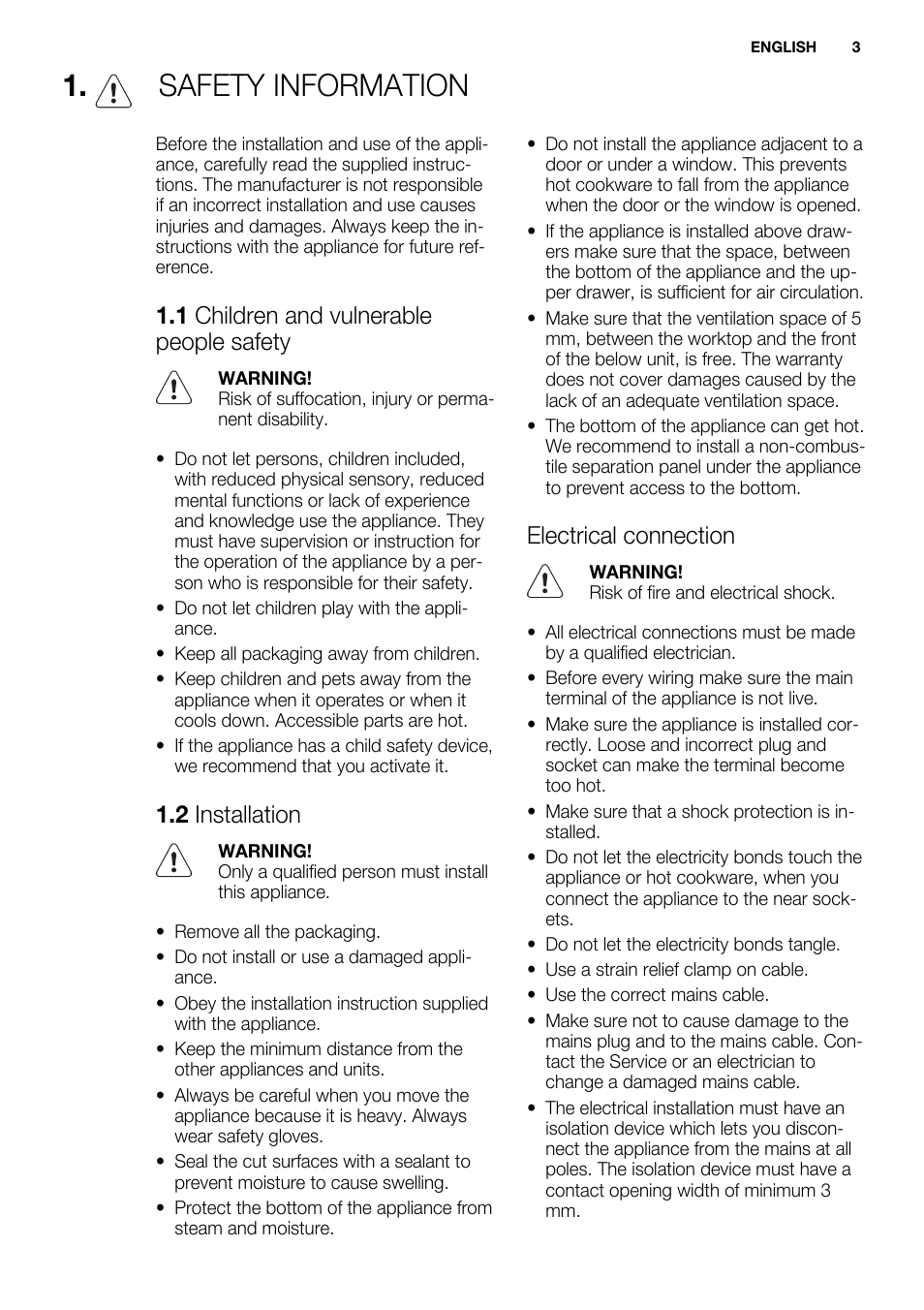 Safety information, 1 children and vulnerable people safety, 2 installation | Electrical connection | Electrolux EHI8742FOK User Manual | Page 3 / 68