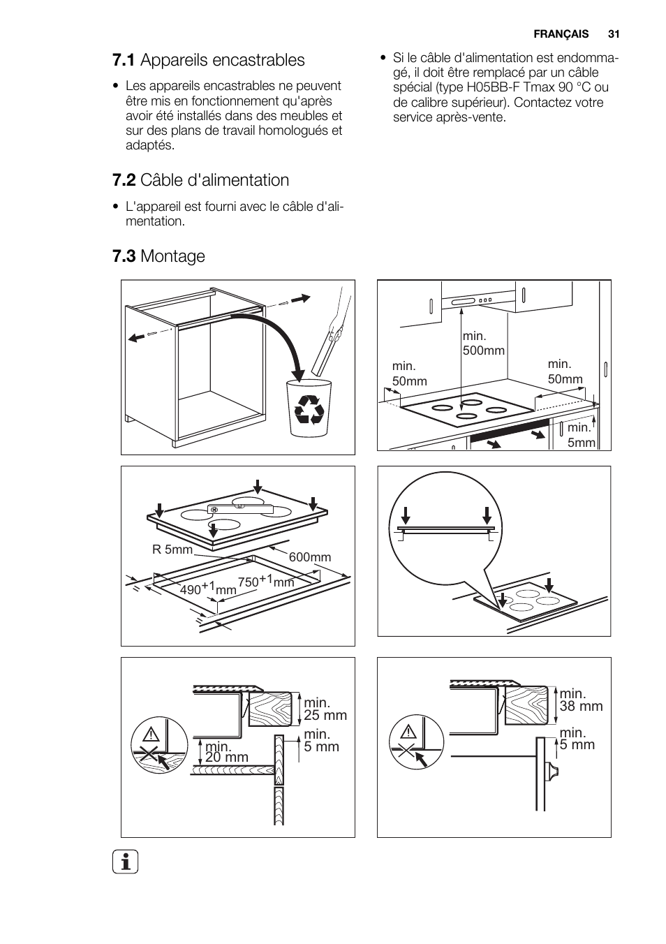 1 appareils encastrables, 2 câble d'alimentation, 3 montage | Electrolux EHI8742FOK User Manual | Page 31 / 68