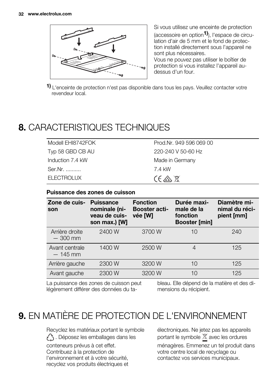 Caracteristiques techniques, En matière de protection de l'environnement | Electrolux EHI8742FOK User Manual | Page 32 / 68