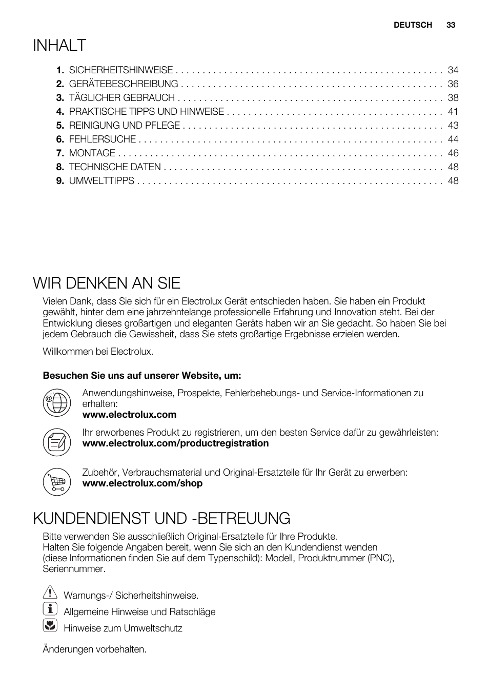 Inhalt, Wir denken an sie, Kundendienst und -betreuung | Electrolux EHI8742FOK User Manual | Page 33 / 68