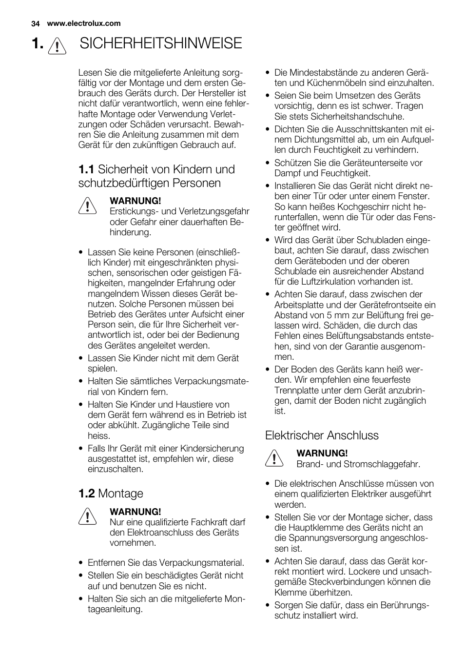 Sicherheitshinweise, 2 montage, Elektrischer anschluss | Electrolux EHI8742FOK User Manual | Page 34 / 68