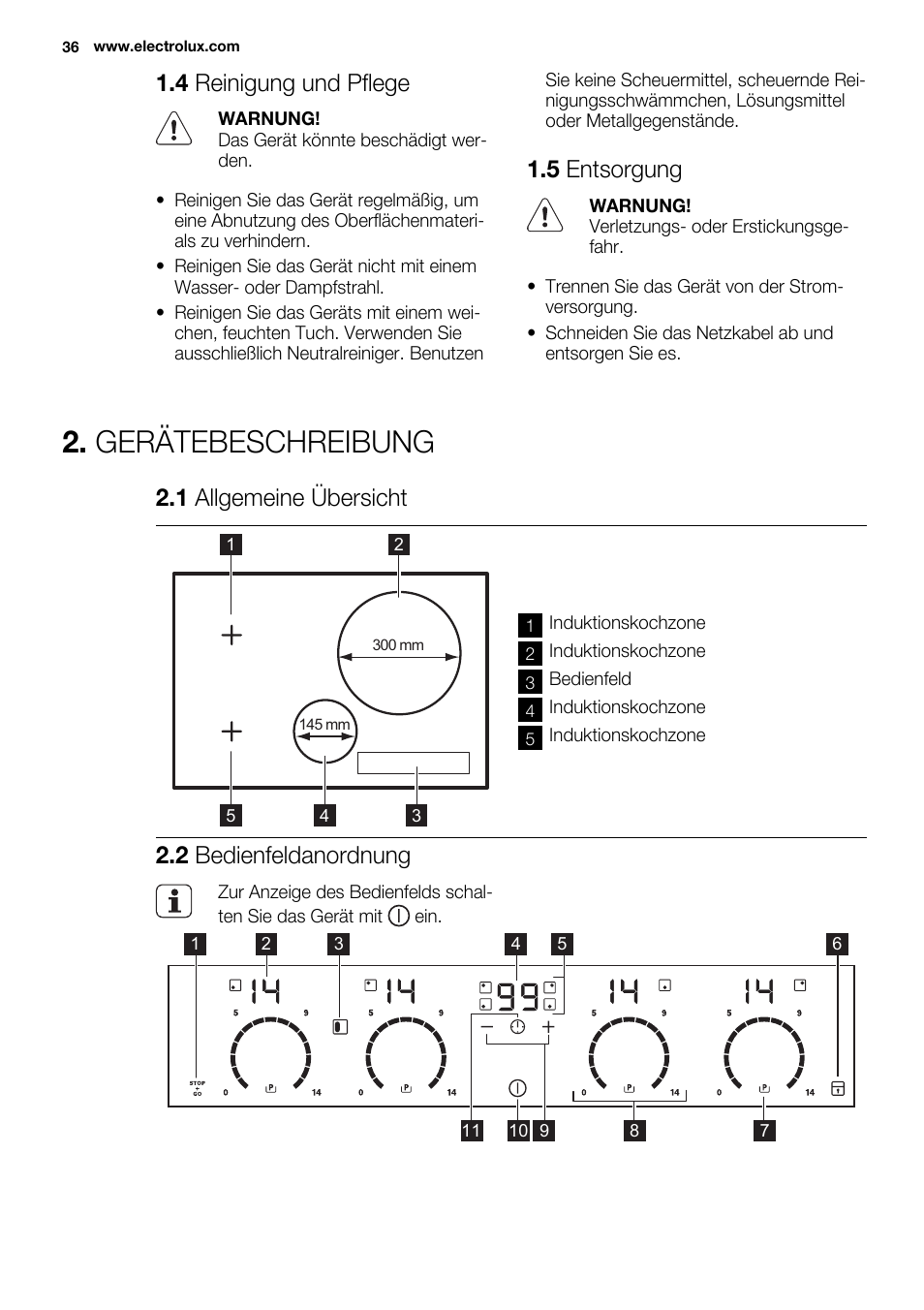 Gerätebeschreibung, 4 reinigung und pflege, 5 entsorgung | 1 allgemeine übersicht, 2 bedienfeldanordnung | Electrolux EHI8742FOK User Manual | Page 36 / 68