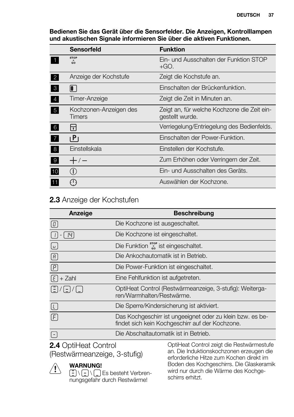 3 anzeige der kochstufen, 4 optiheat control (restwärmeanzeige, 3-stufig) | Electrolux EHI8742FOK User Manual | Page 37 / 68