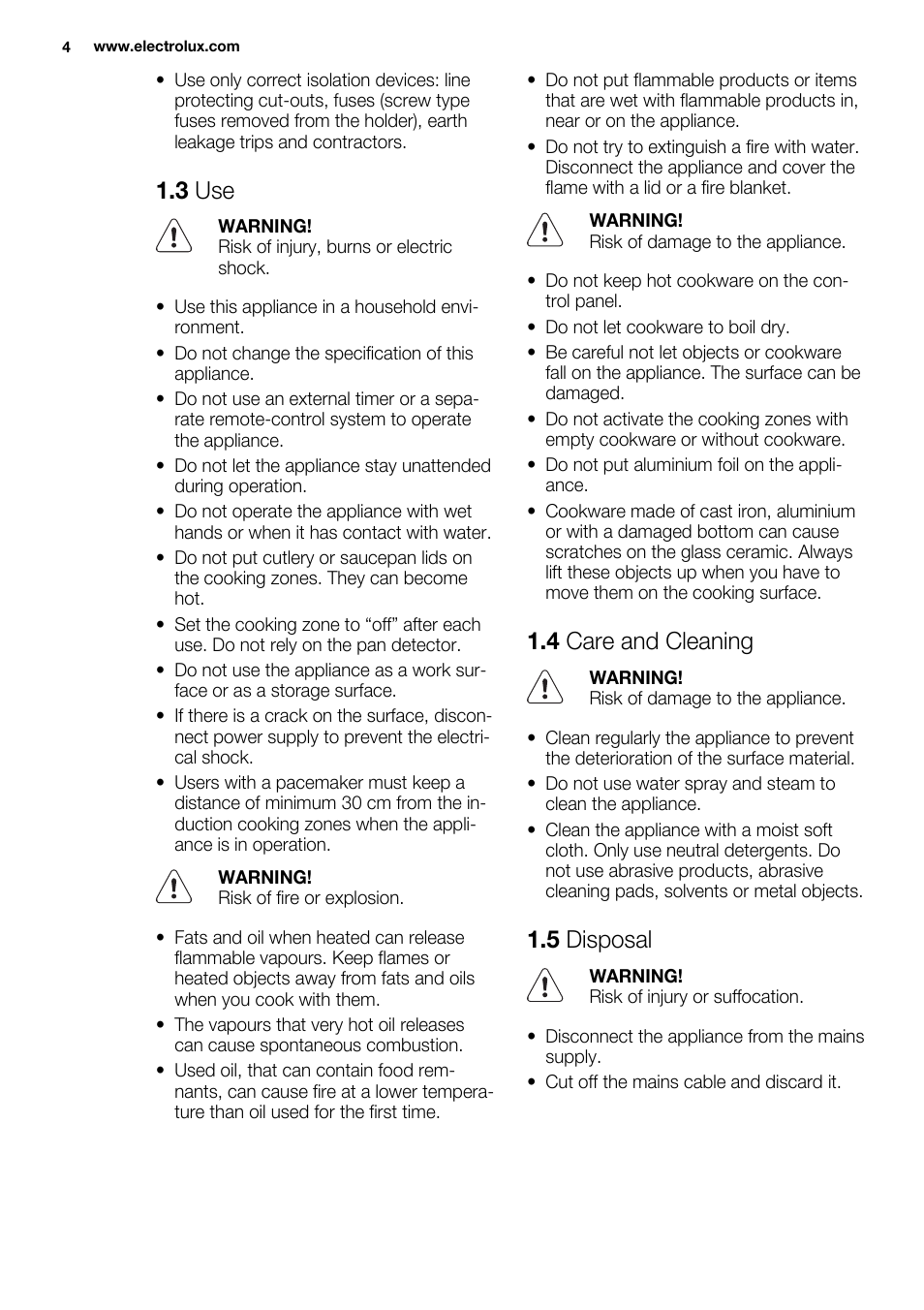 3 use, 4 care and cleaning, 5 disposal | Electrolux EHI8742FOK User Manual | Page 4 / 68