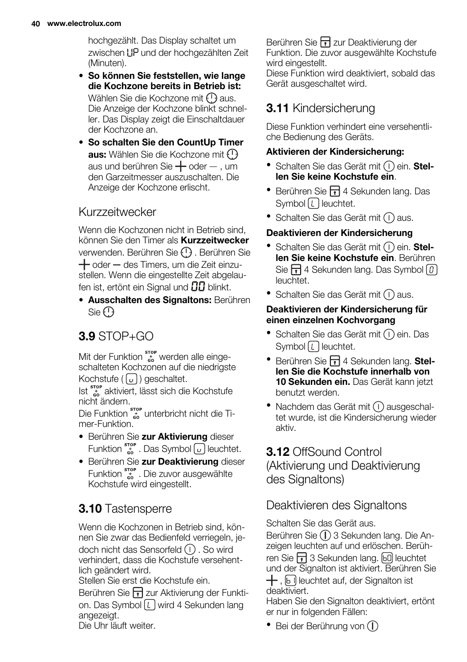 Kurzzeitwecker, 9 stop+go, 10 tastensperre | 11 kindersicherung | Electrolux EHI8742FOK User Manual | Page 40 / 68