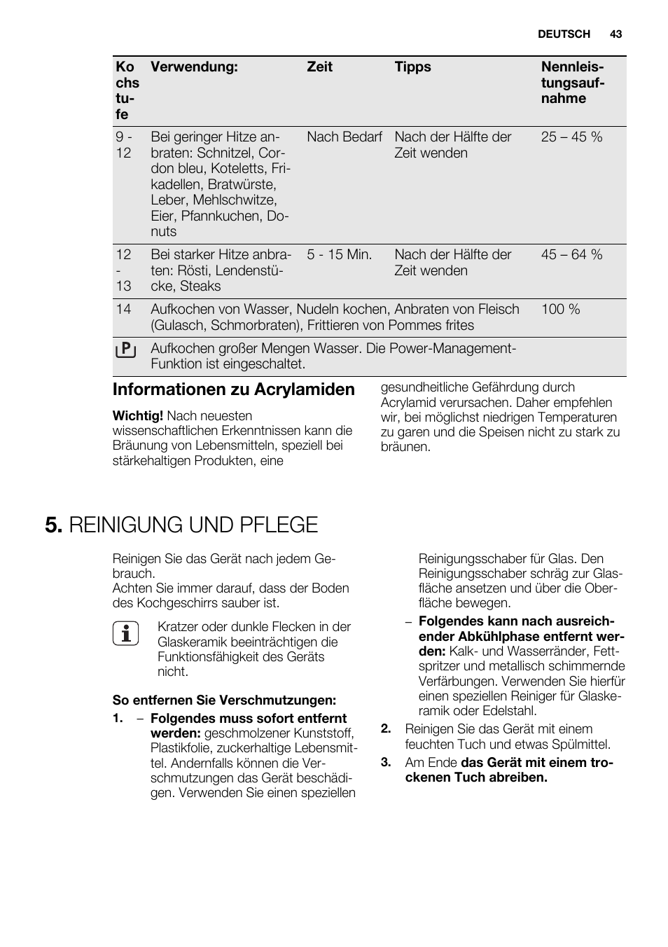 Reinigung und pflege, Informationen zu acrylamiden | Electrolux EHI8742FOK User Manual | Page 43 / 68