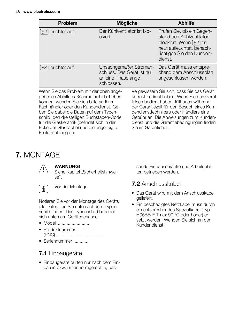 Montage, 1 einbaugeräte, 2 anschlusskabel | Electrolux EHI8742FOK User Manual | Page 46 / 68