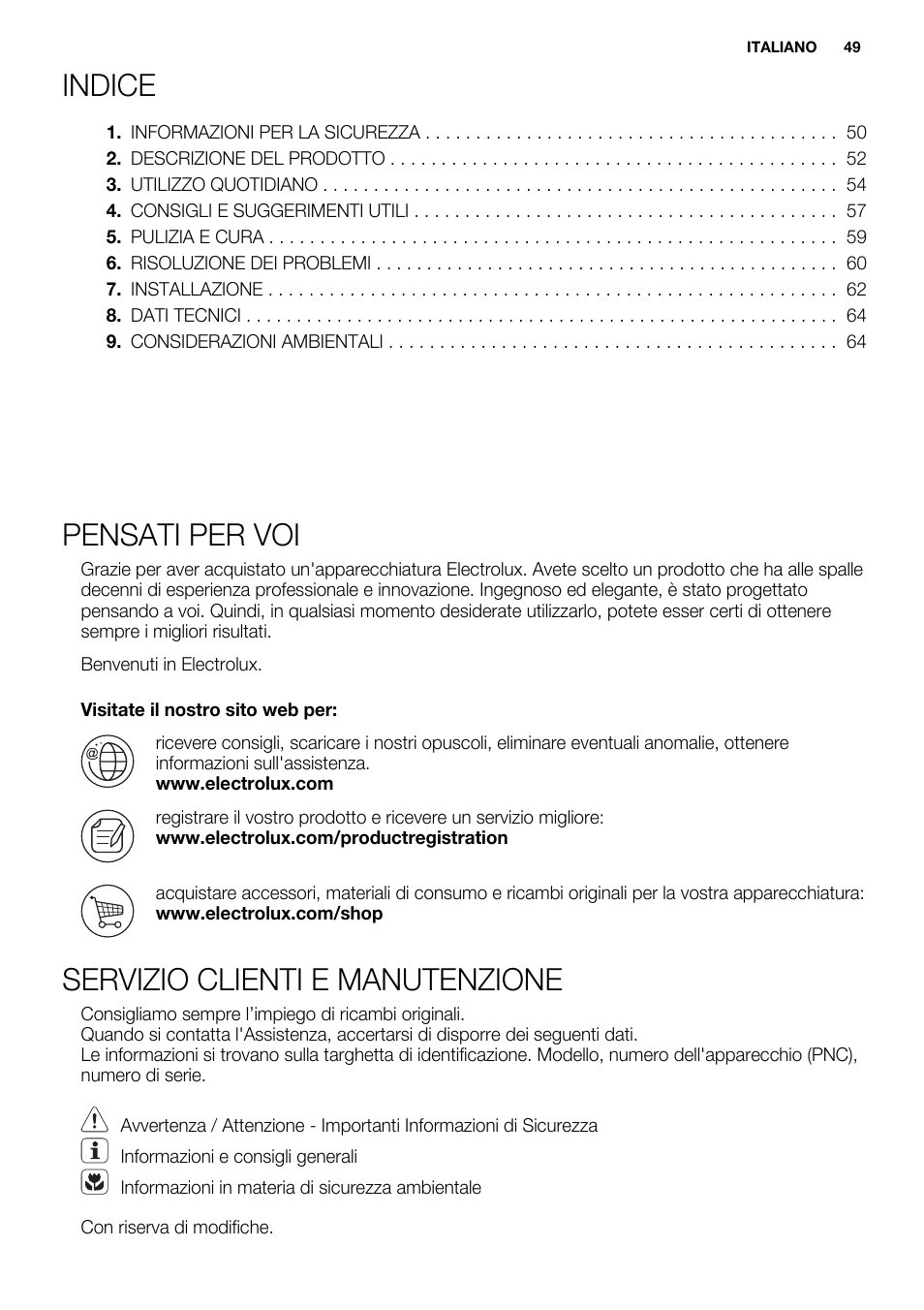 Indice, Pensati per voi, Servizio clienti e manutenzione | Electrolux EHI8742FOK User Manual | Page 49 / 68