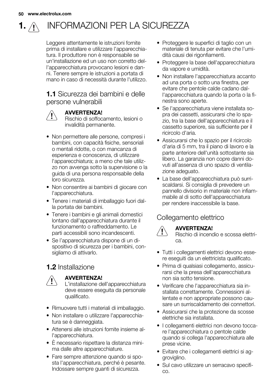 Informazioni per la sicurezza, 2 installazione, Collegamento elettrico | Electrolux EHI8742FOK User Manual | Page 50 / 68