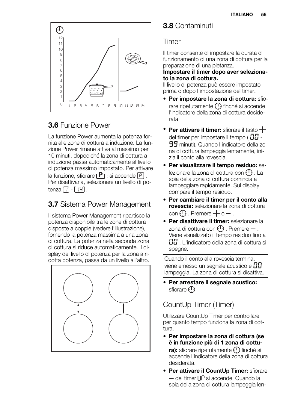 6 funzione power, 7 sistema power management, 8 contaminuti timer | Countup timer (timer) | Electrolux EHI8742FOK User Manual | Page 55 / 68