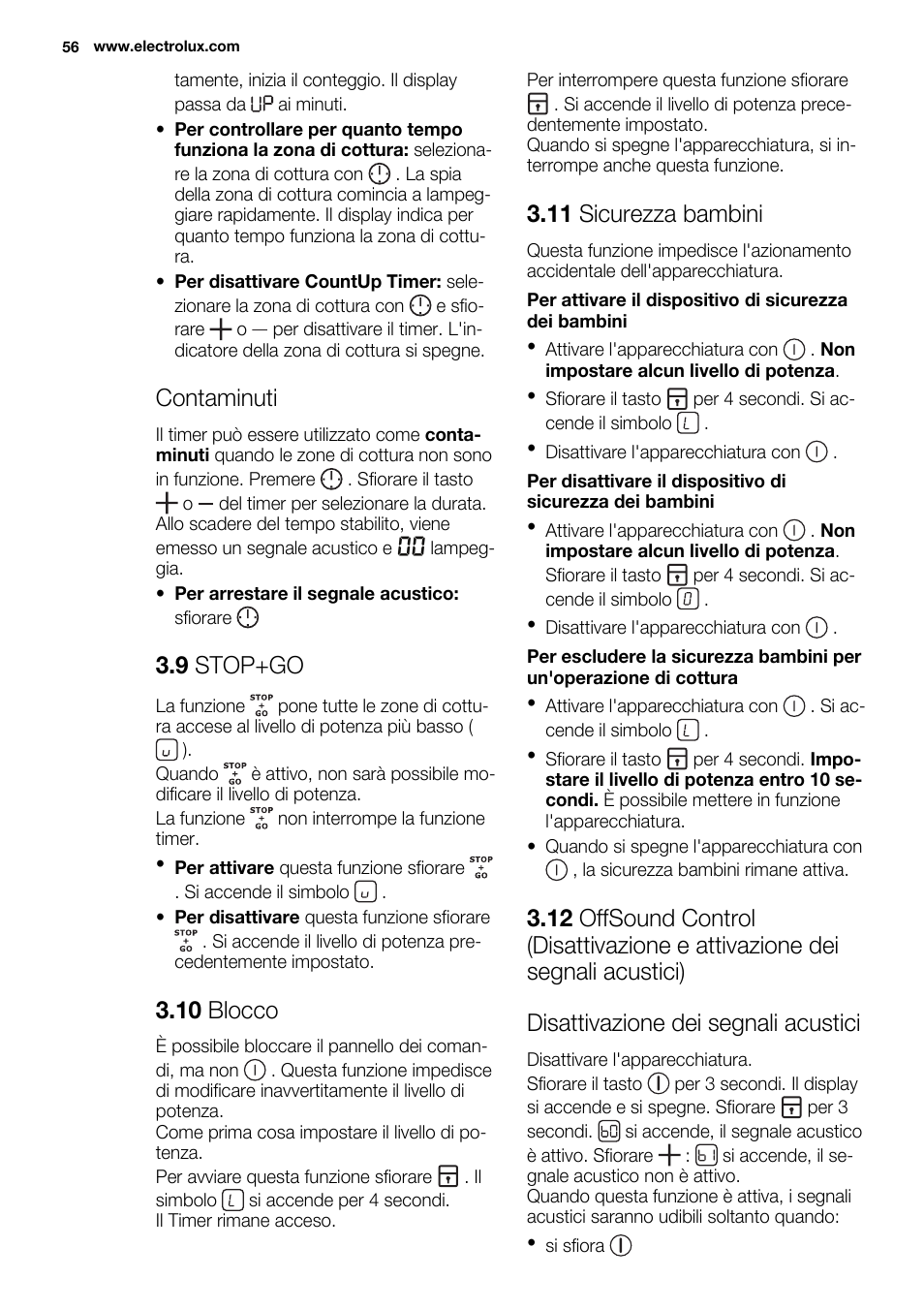 Contaminuti, 9 stop+go, 10 blocco | 11 sicurezza bambini | Electrolux EHI8742FOK User Manual | Page 56 / 68