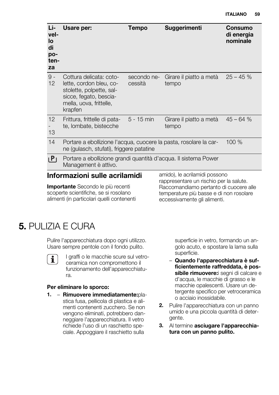 Pulizia e cura, Informazioni sulle acrilamidi | Electrolux EHI8742FOK User Manual | Page 59 / 68